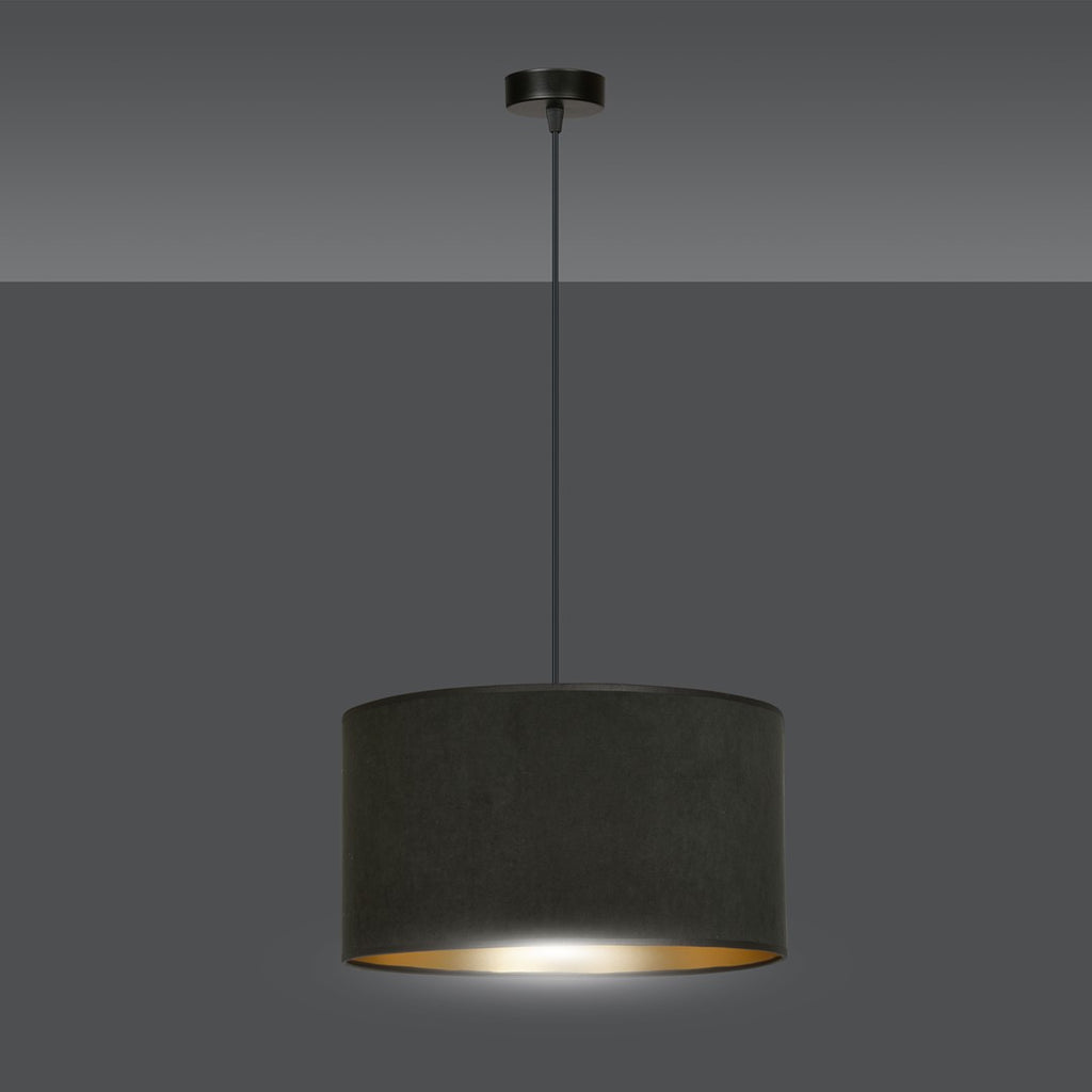 Hanglamp gepoedercoat staal en stof Hilde zwart met gouden binnenkant Ø 35 cm, voor eettafel, woonkamer en hal