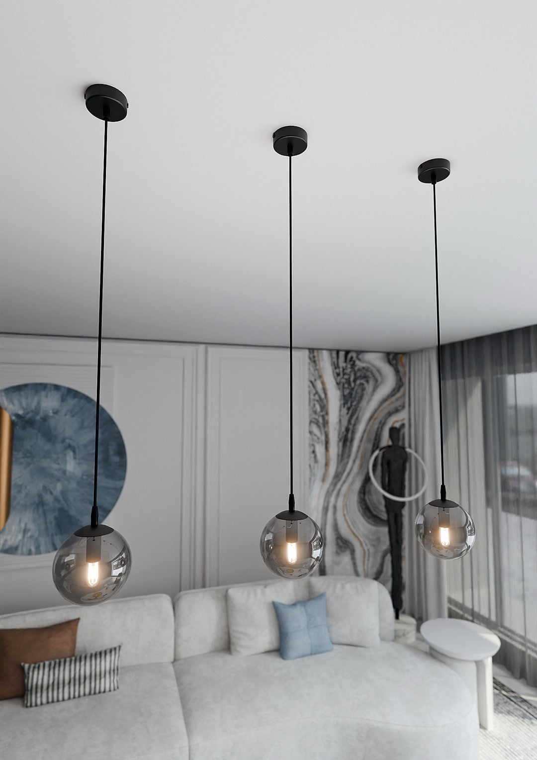 Hanglamp gepoedercoat staal glas modern Cosmo zwart met grafiet kap Ø 14 cm, 1 lichtpunt E14