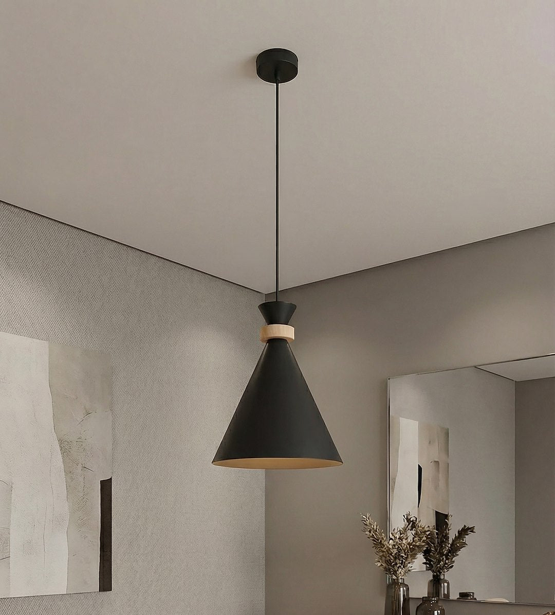 Hanglamp gepoedercoat staal met hout, Scandinavisch, zwart, Ø 23 cm, verstelbare hoogte, boven eettafel of kookeiland