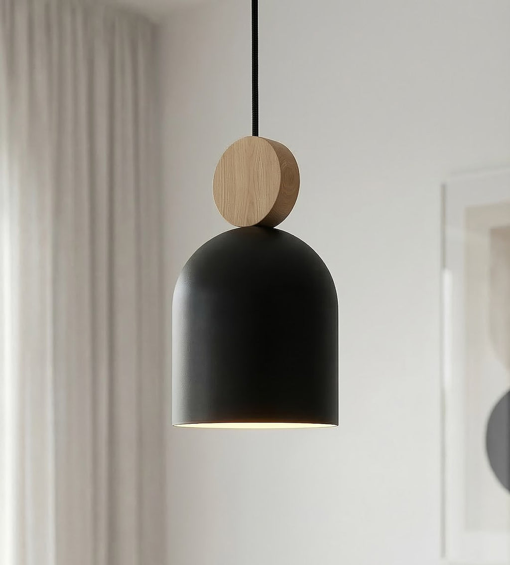 Hanglamp gepoedercoat staal en hout, Scandinavisch model Mesi, zwart, 11 cm, verstelbare hoogte