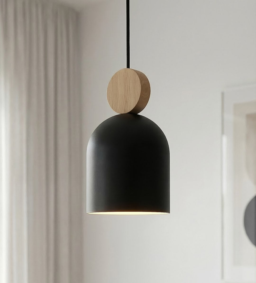 Hanglamp gepoedercoat staal en hout, Scandinavisch model Mesi, zwart, 11 cm, verstelbare hoogte