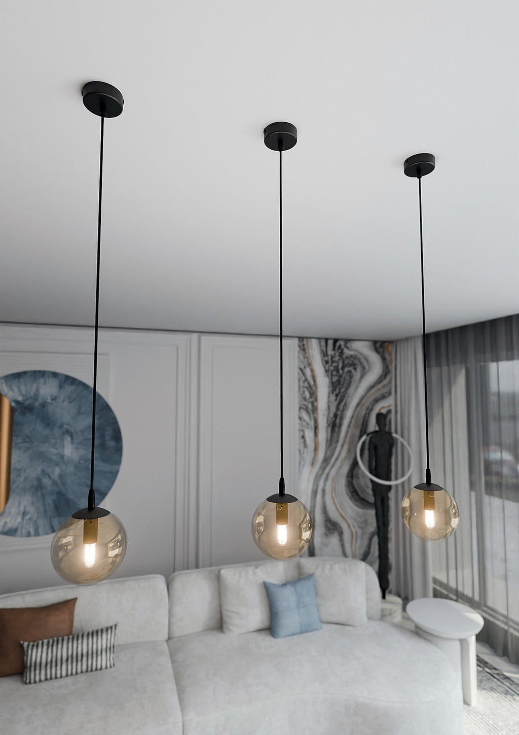 Hanglamp Cosmo gepoedercoat staal en glas, amber kap Ø 14 cm, zwart frame, 1 fitting E14, modern