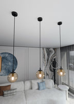 Hanglamp Cosmo gepoedercoat staal en glas, amber kap Ø 14 cm, zwart frame, 1 fitting E14, modern