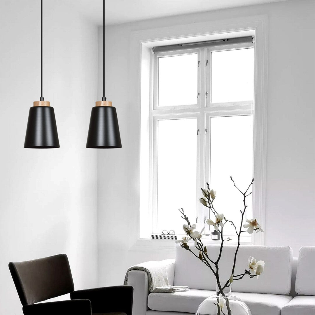 Hanglamp gepoedercoat staal en hout Bolero, Scandinavisch, zwart, 14 x 100 cm, 1 fitting E27