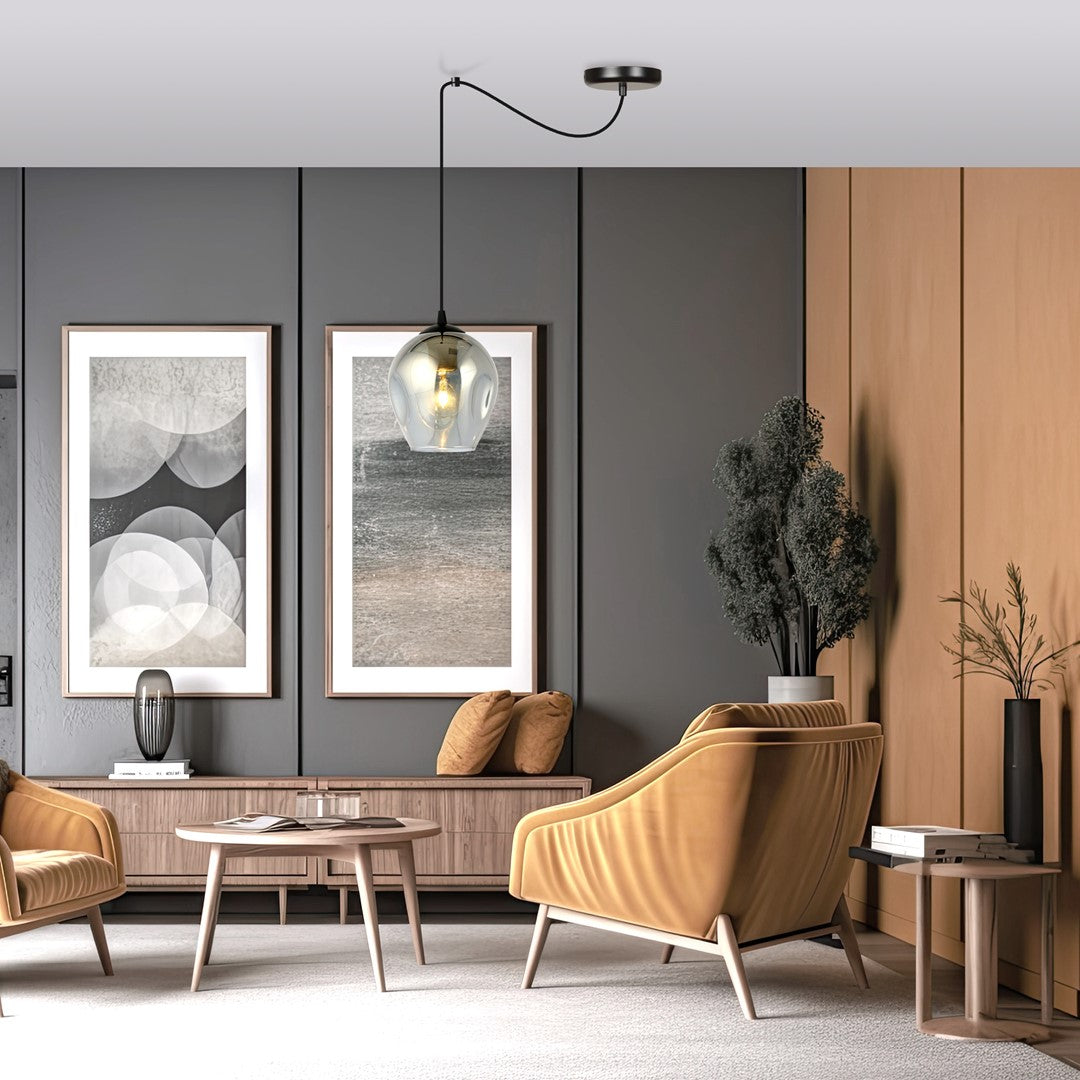 Hanglamp gepoedercoat staal en glas, modern, Level 1, zwart met grafiet kap Ø 14 cm, 1 x E27