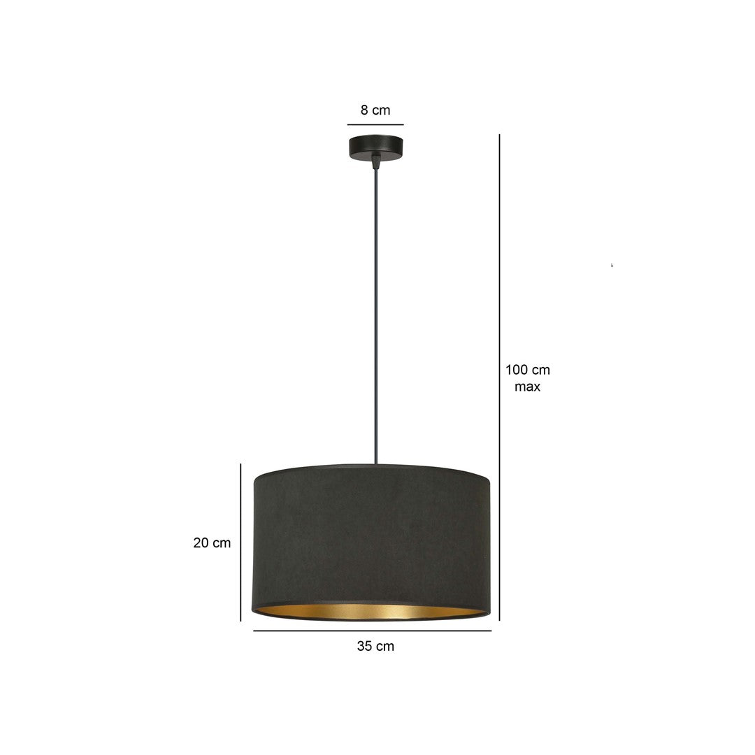Hanglamp gepoedercoat staal en stof Hilde zwart met gouden binnenkant Ø 35 cm, voor eettafel, woonkamer en hal