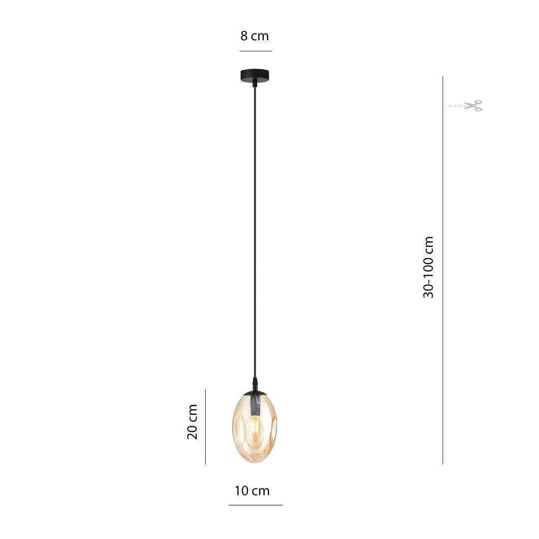 Hanglamp gepoedercoat staal en glas Astral, amber kap, zwart armatuur, Ø 12 cm, E14, woonkamer en hal