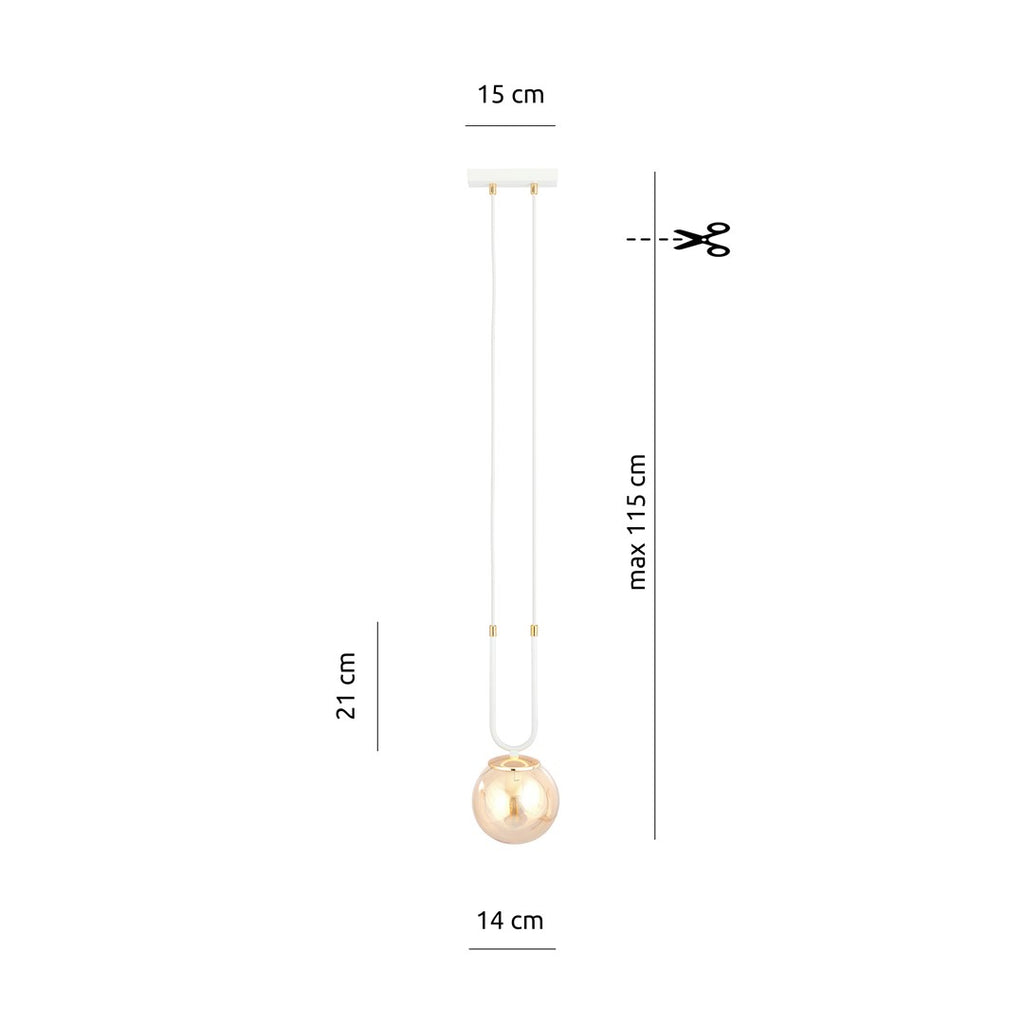 Hanglamp gepoedercoat staal en glas Glam retro, wit met amberkleurige glazen kap Ø 14 cm, 1 lichtpunt E14