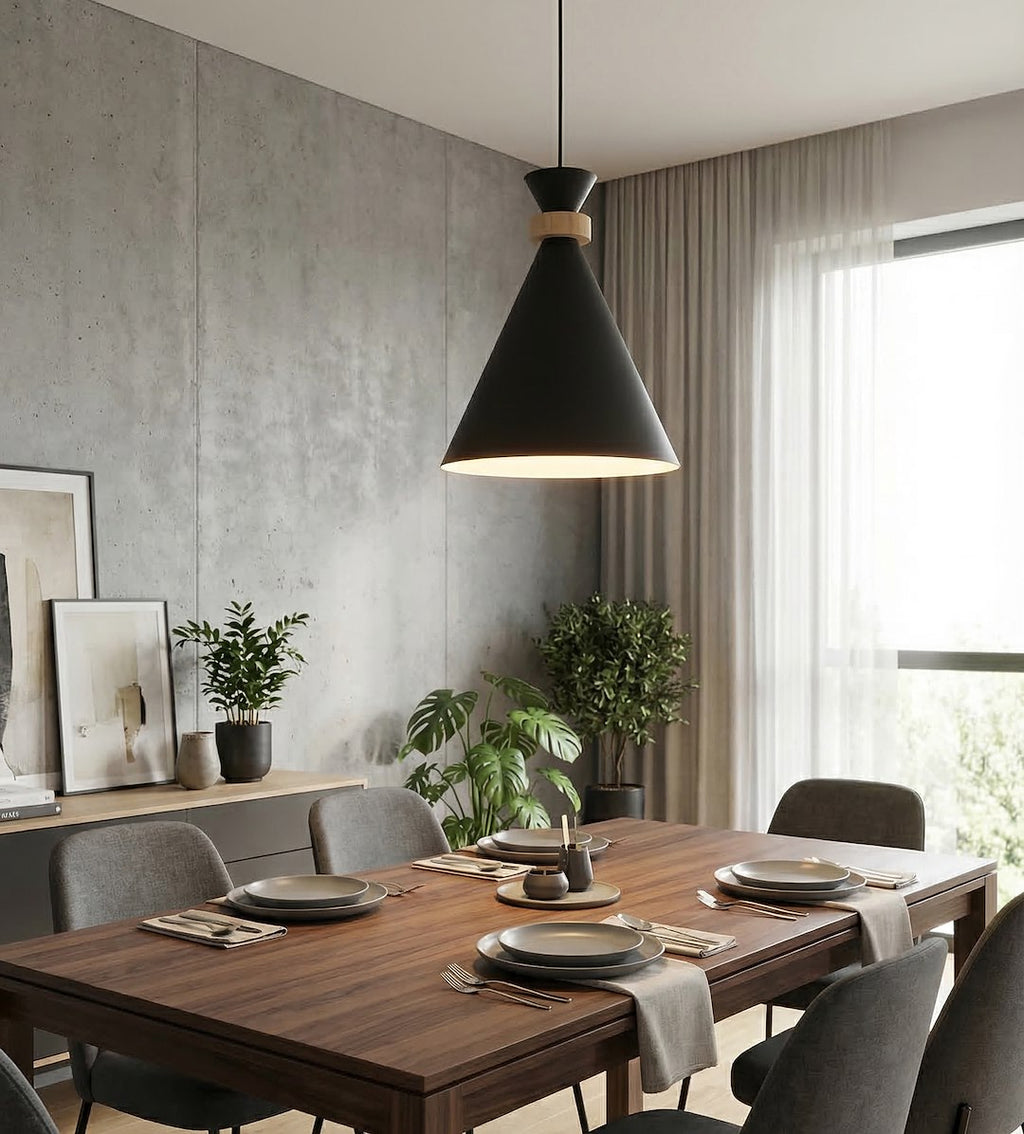 Hanglamp gepoedercoat staal met hout, Scandinavisch, zwart, Ø 23 cm, verstelbare hoogte, boven eettafel of kookeiland