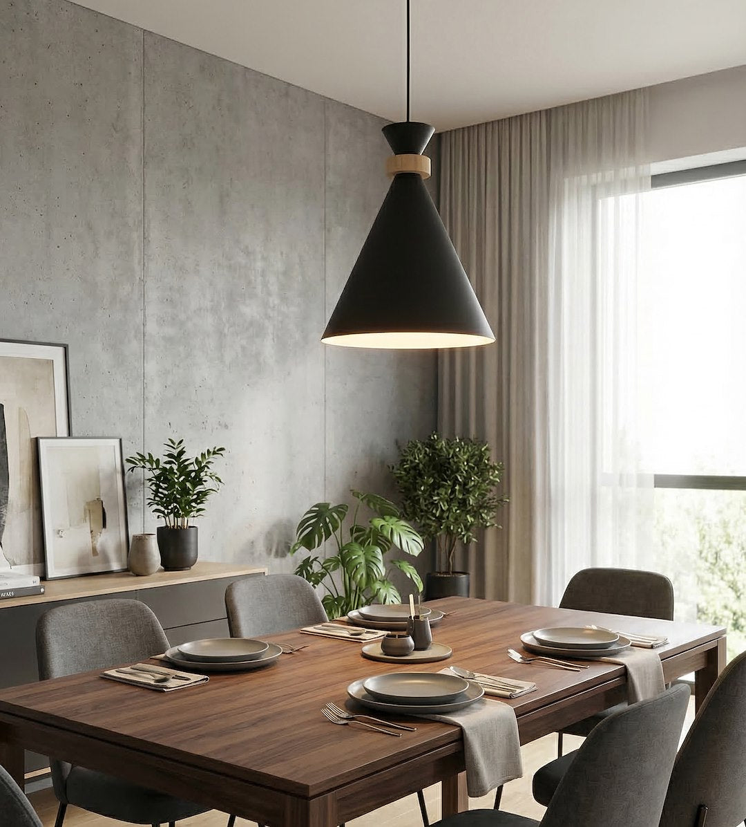 Hanglamp gepoedercoat staal met hout, Scandinavisch, zwart, Ø 23 cm, verstelbare hoogte, boven eettafel of kookeiland
