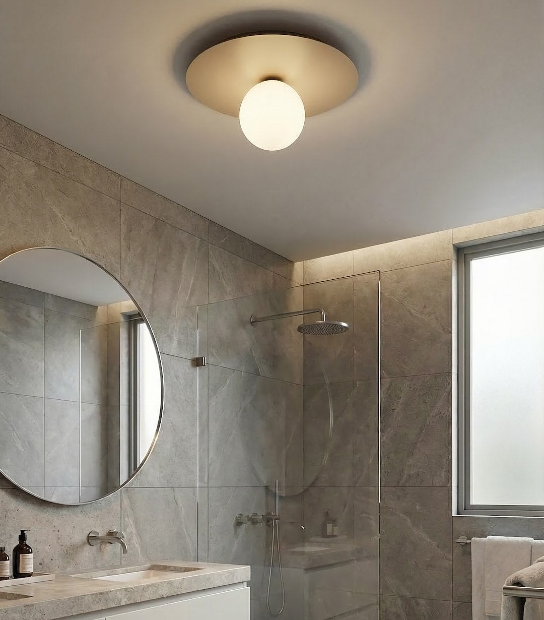 Plafondlamp gepoedercoat staal en glas Solar, beige met witte glazen kap, Ø 43 cm, 1 lichtpunt, E14