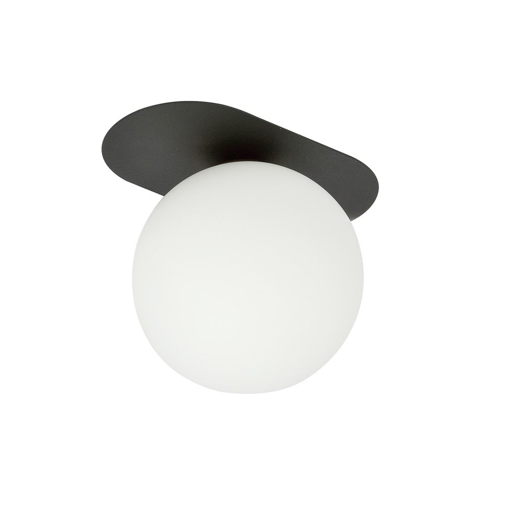 Plafondlamp Plaza gepoedercoat staal en glas, modern, zwart met witte glazen kap Ø 15 cm