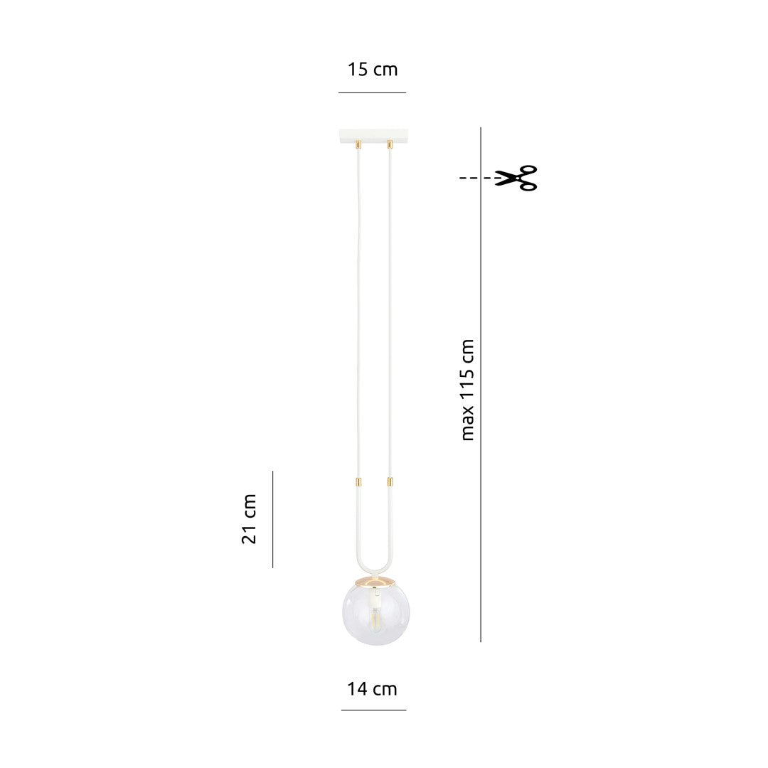Hanglamp gepoedercoat staal en glas Glam wit met transparante glazen kap Ø 14 cm, hoogte 115 cm, E14
