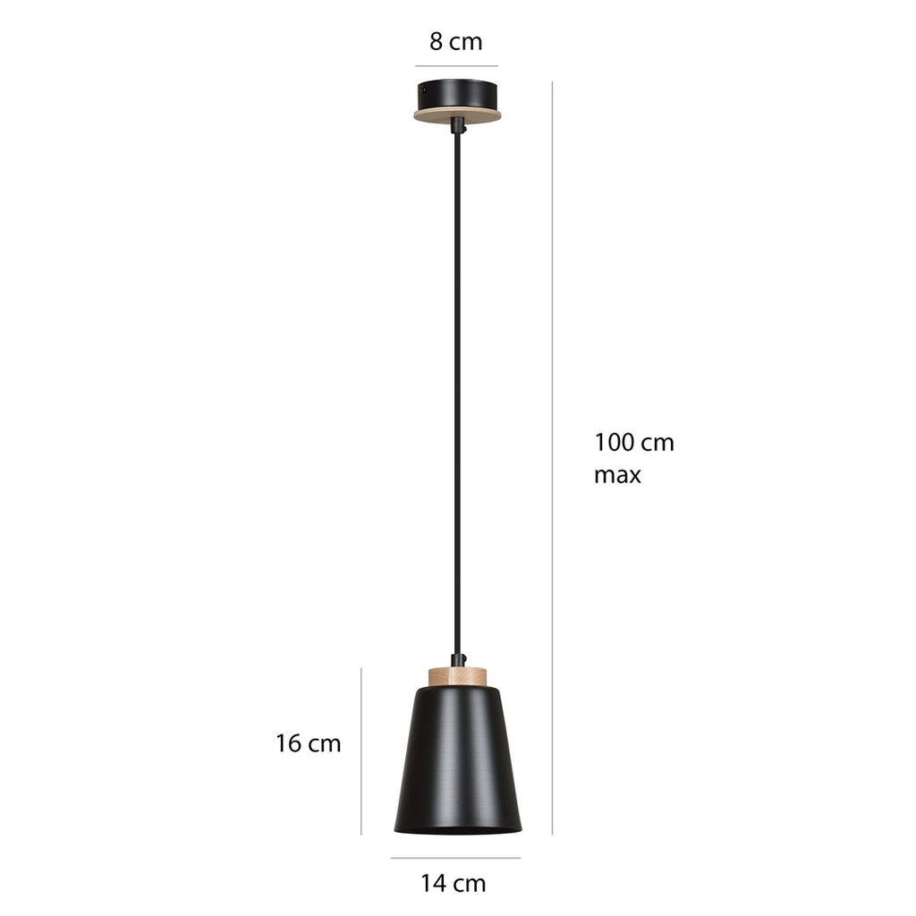 Hanglamp gepoedercoat staal en hout Bolero, Scandinavisch, zwart, 14 x 100 cm, 1 fitting E27
