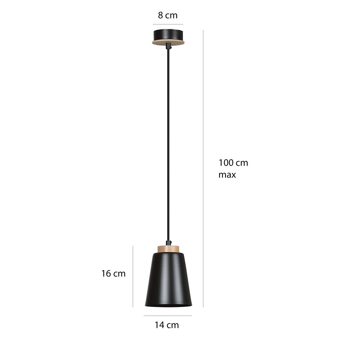 Hanglamp gepoedercoat staal en hout Bolero, Scandinavisch, zwart, 14 x 100 cm, 1 fitting E27