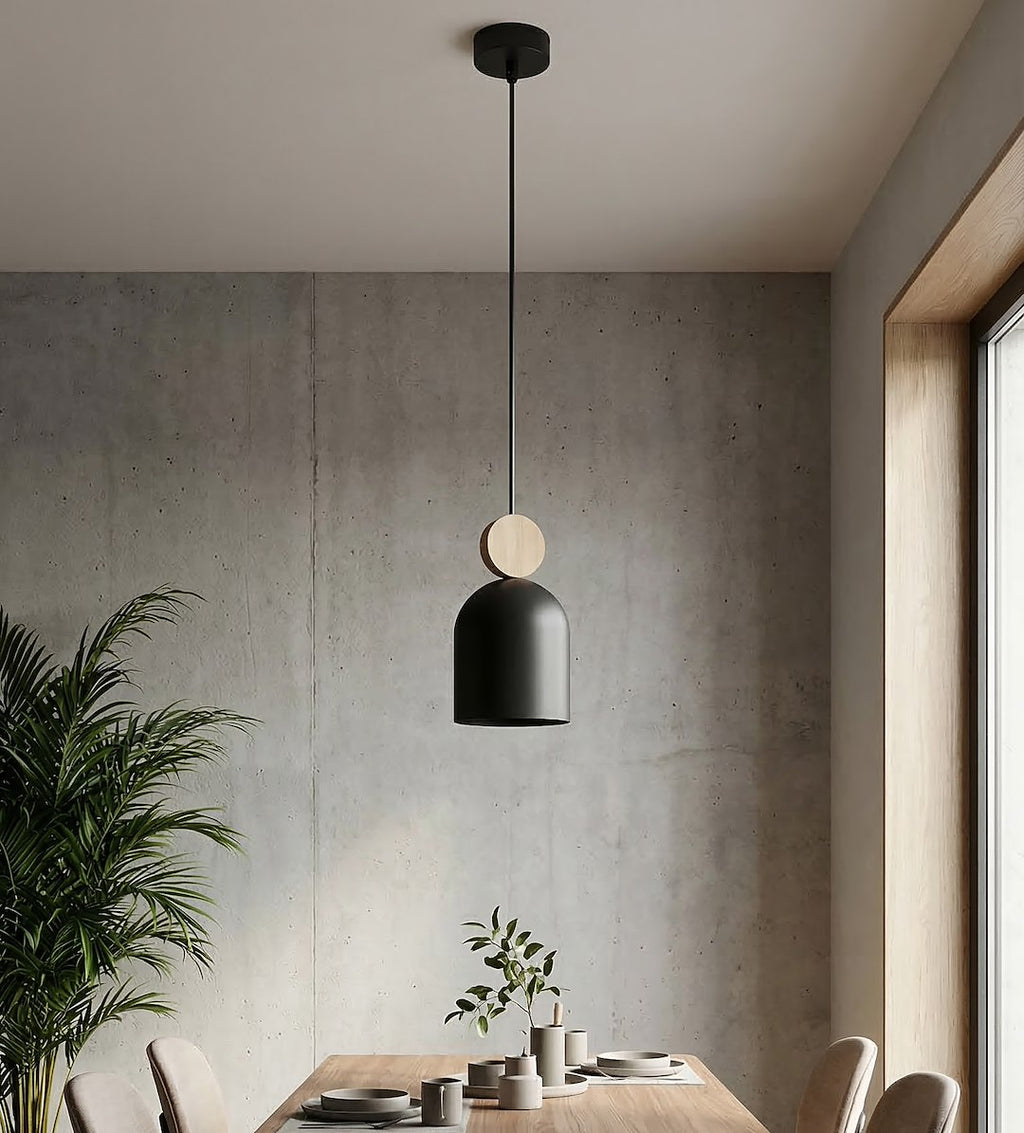 Hanglamp gepoedercoat staal en hout, Scandinavisch model Mesi, zwart, 11 cm, verstelbare hoogte