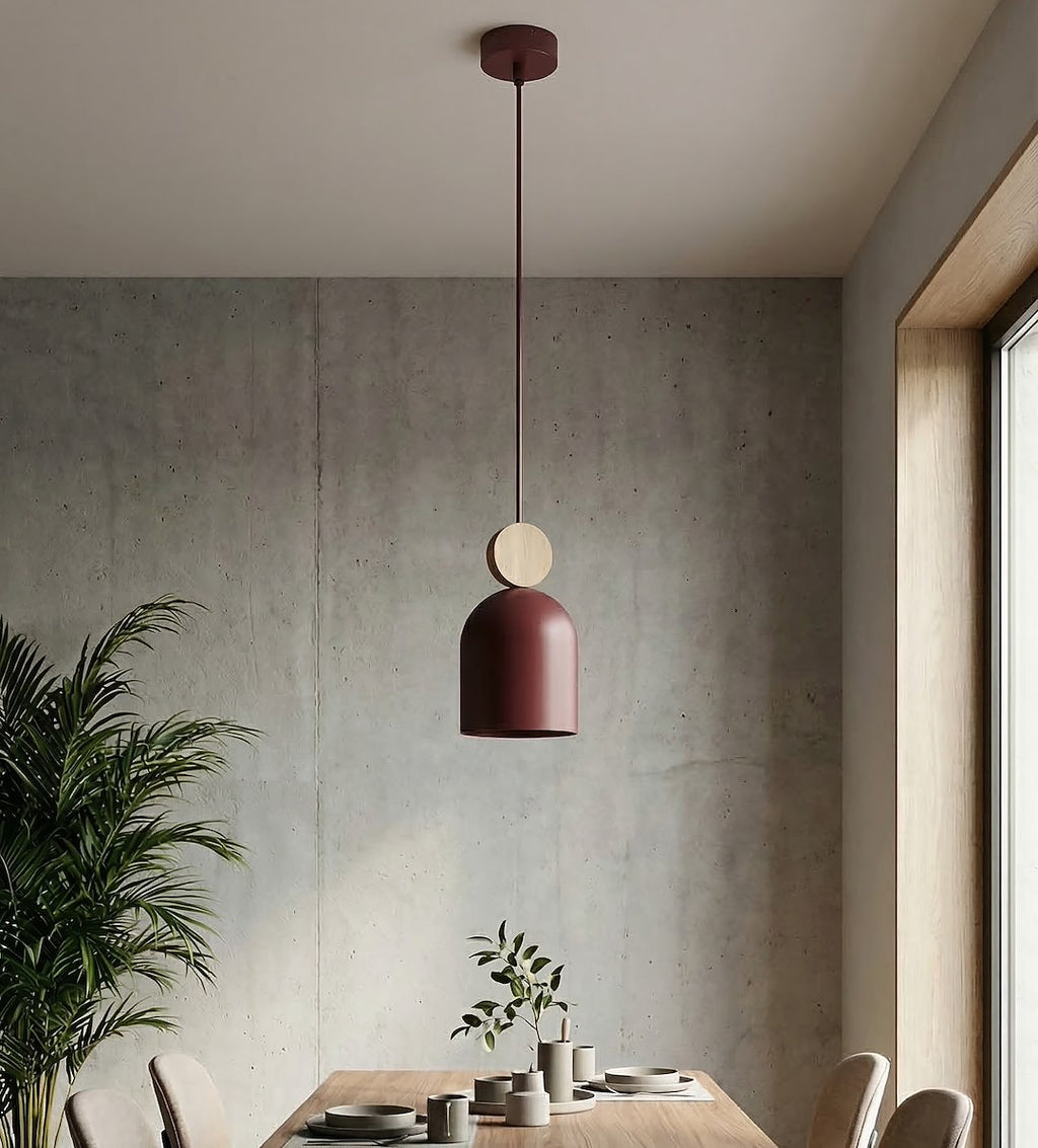 Hanglamp Mesi gepoedercoat staal met hout, Scandinavisch, bordeaux, 11 cm, 1 GU10-fitting, keuken en gang