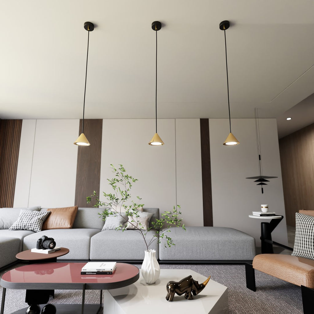 Hanglamp gepoedercoat staal minimalistisch Elit goud met zwart, kegelvormige kap, hoogte 100 cm