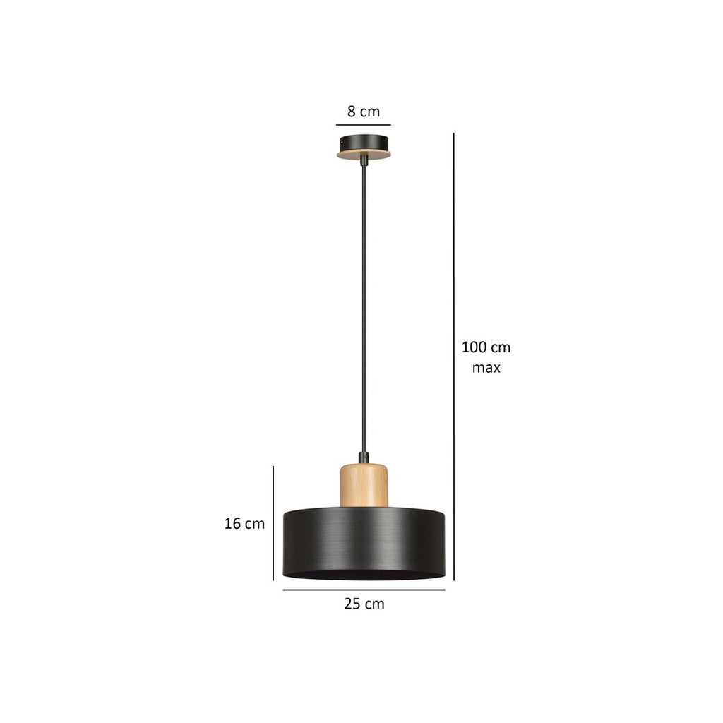 Hanglamp gepoedercoat staal en hout Torin zwart 25 cm, verstelbare hoogte, boven eettafel of kookeiland