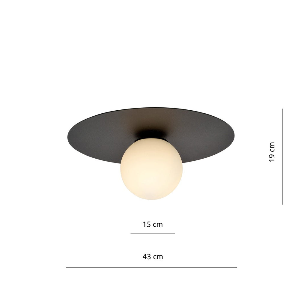 Plafondlamp opbouw gepoedercoat staal en glas, minimalistisch zwart met witte glazen kap, Ø 30 cm
