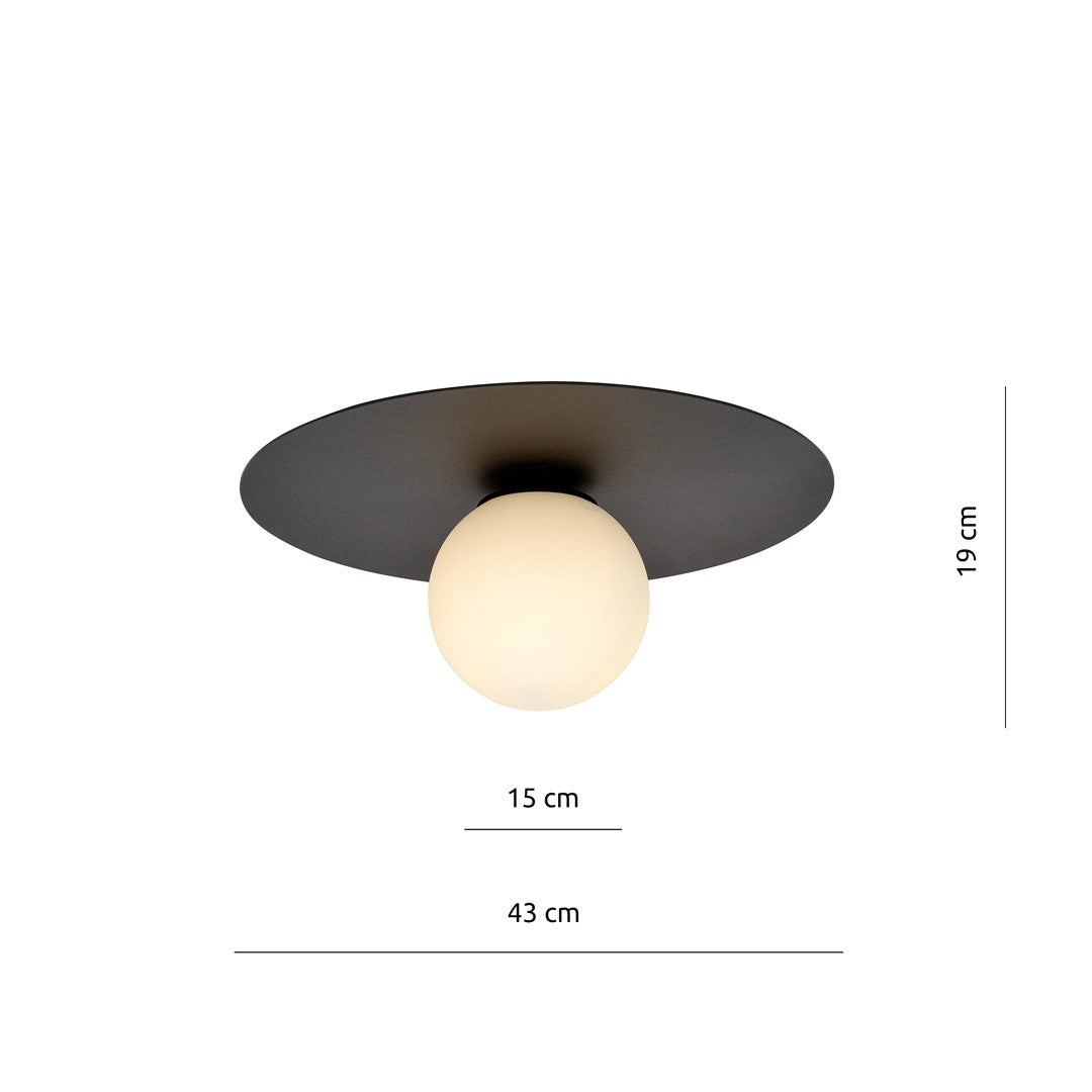 Plafondlamp opbouw gepoedercoat staal en glas, minimalistisch zwart met witte glazen kap, Ø 30 cm