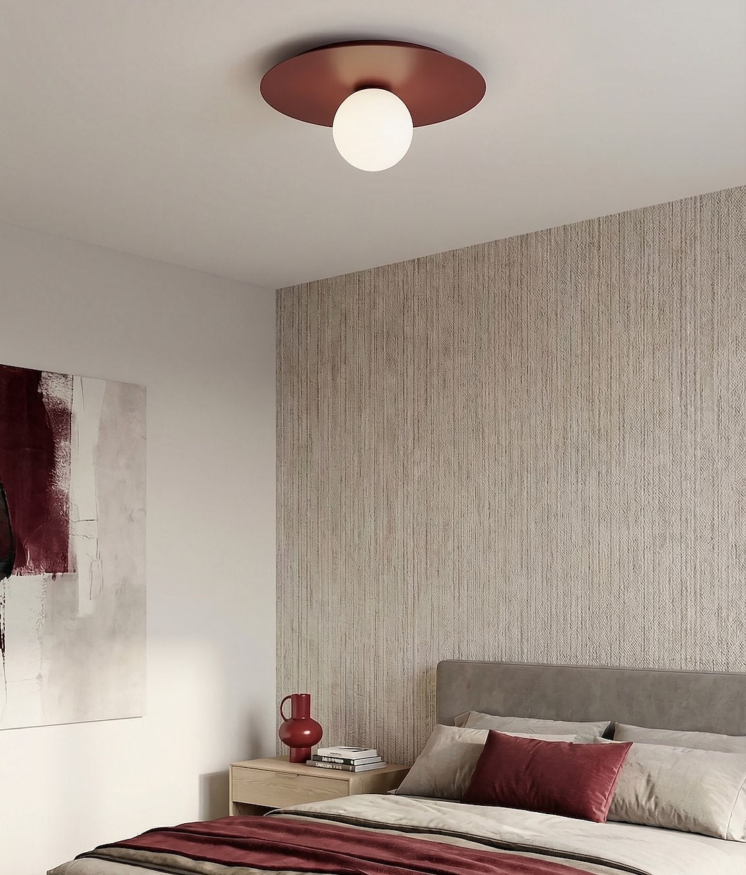 Plafondlamp gepoedercoat staal modern Solar 1 bordeaux met witte glazen bol, Ø 43 cm, voor woonkamer en slaapkamer