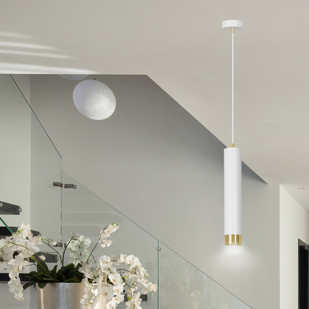 Hanglamp gepoedercoat staal modern Kibo wit met goud, buisvormig, 8 x 100 cm, voor woonkamer of keuken