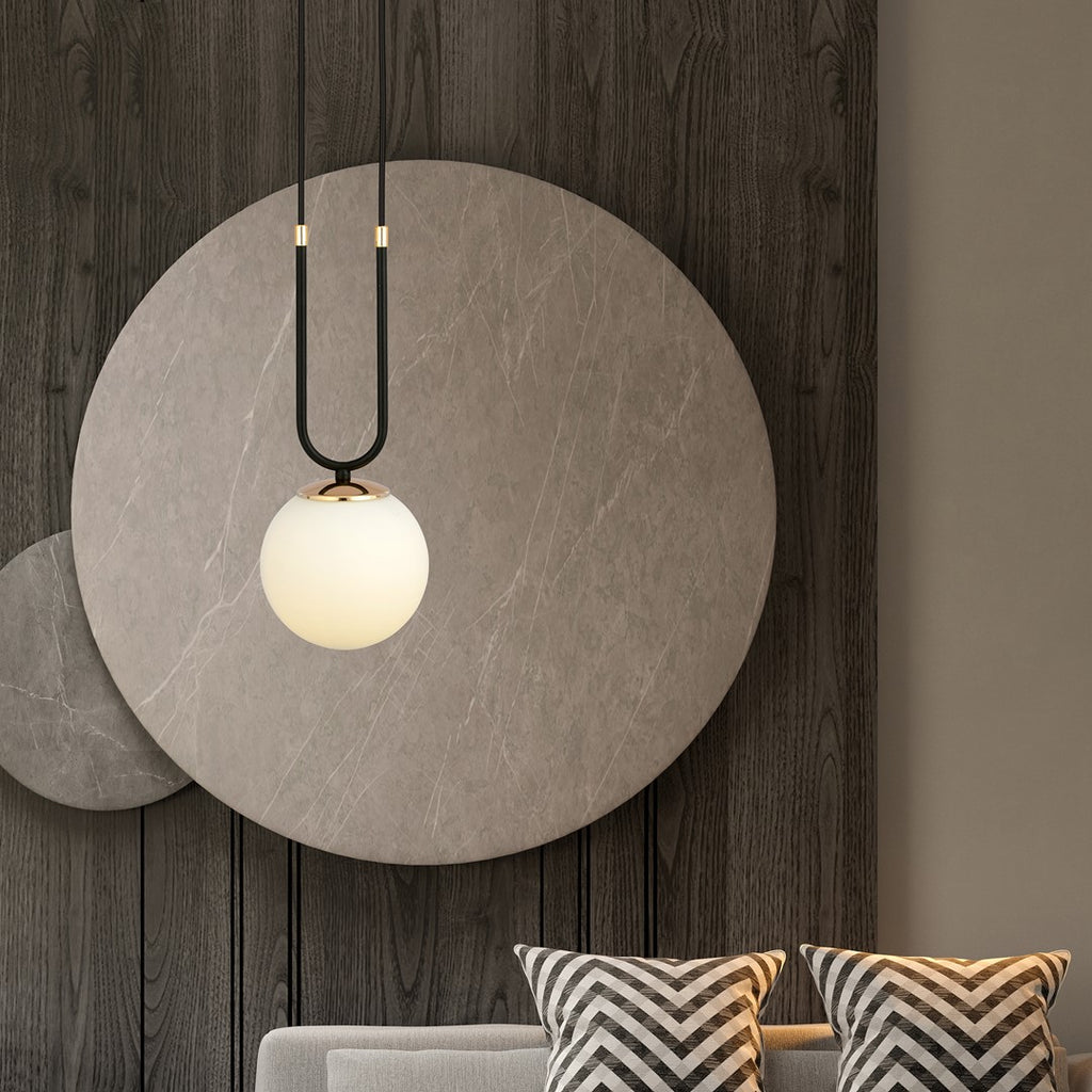 Hanglamp Glam gepoedercoat staal en glas, retro, zwart met witte glazen kap Ø 15 cm, woonkamer, eetkamer en hal