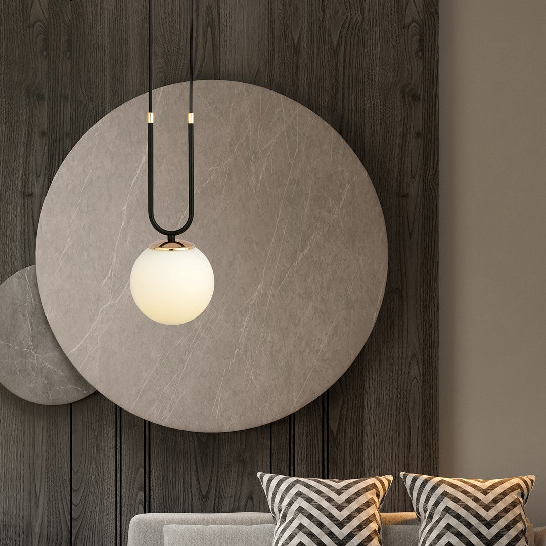 Hanglamp Glam gepoedercoat staal en glas, retro, zwart met witte glazen kap Ø 15 cm, woonkamer, eetkamer en hal