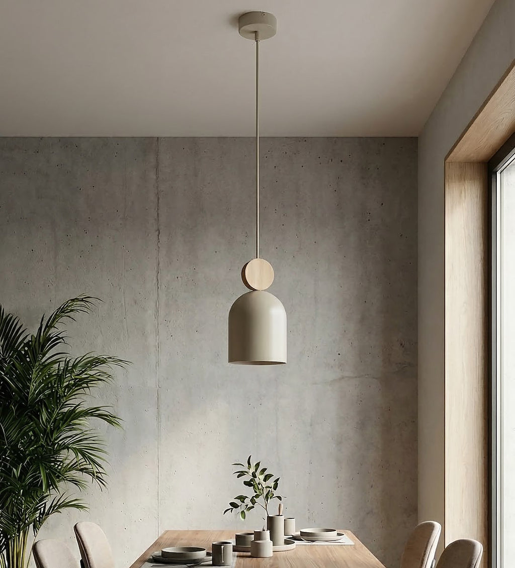 Hanglamp gepoedercoat staal met houten accent Mesi, Scandinavisch, beige, 11 cm, verstelbare hoogte