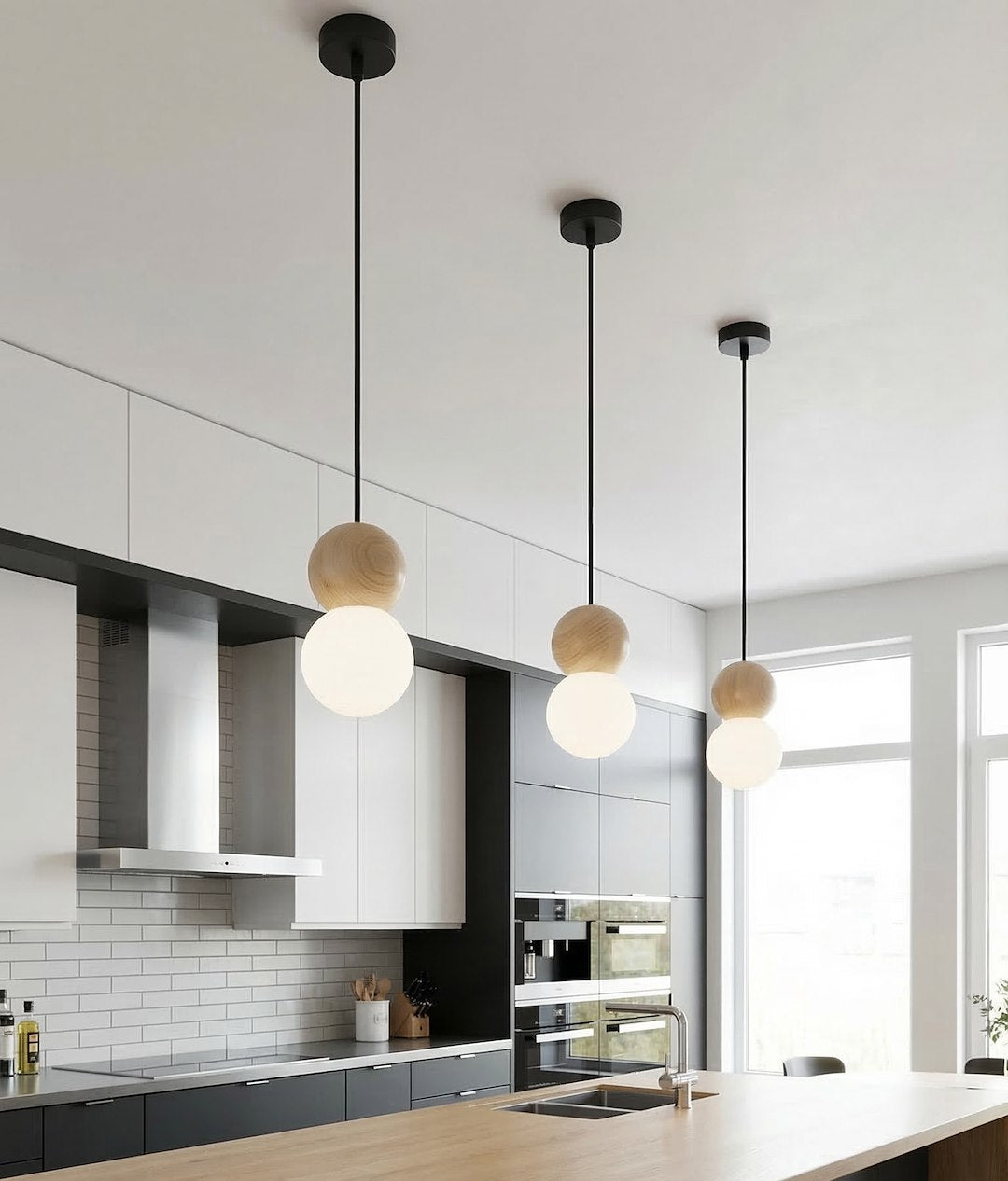 Hanglamp staal en hout Scandinavisch Loop zwart met witte kap Ø 10 cm, hoogte verstelbaar