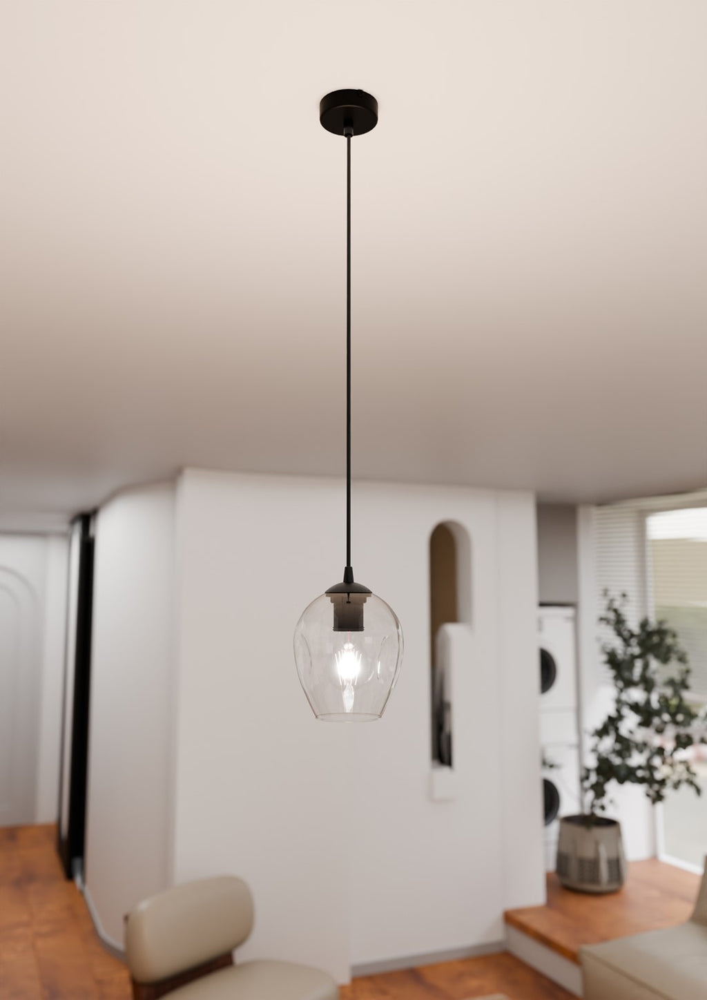 Hanglamp gepoedercoat staal en glas Istar, zwart met transparante kap Ø 14 cm, E27