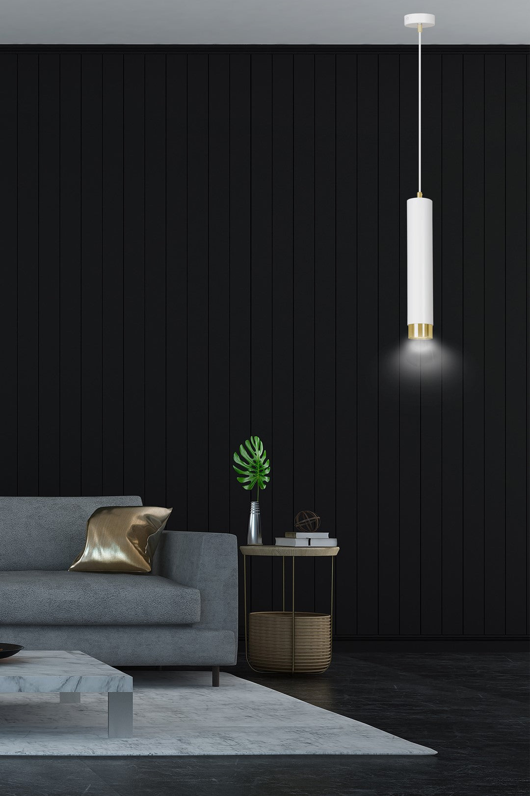 Hanglamp gepoedercoat staal modern Kibo wit met goud, buisvormig, 8 x 100 cm, voor woonkamer of keuken