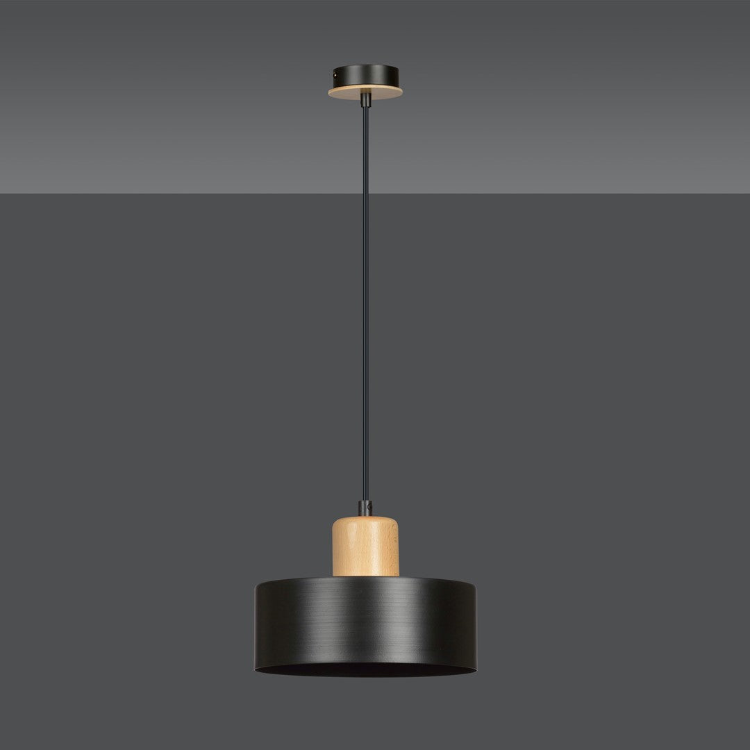 Hanglamp gepoedercoat staal en hout Torin zwart 25 cm, verstelbare hoogte, boven eettafel of kookeiland