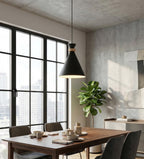 Hanglamp gepoedercoat staal met hout, Scandinavisch, zwart, Ø 23 cm, verstelbare hoogte, boven eettafel of kookeiland