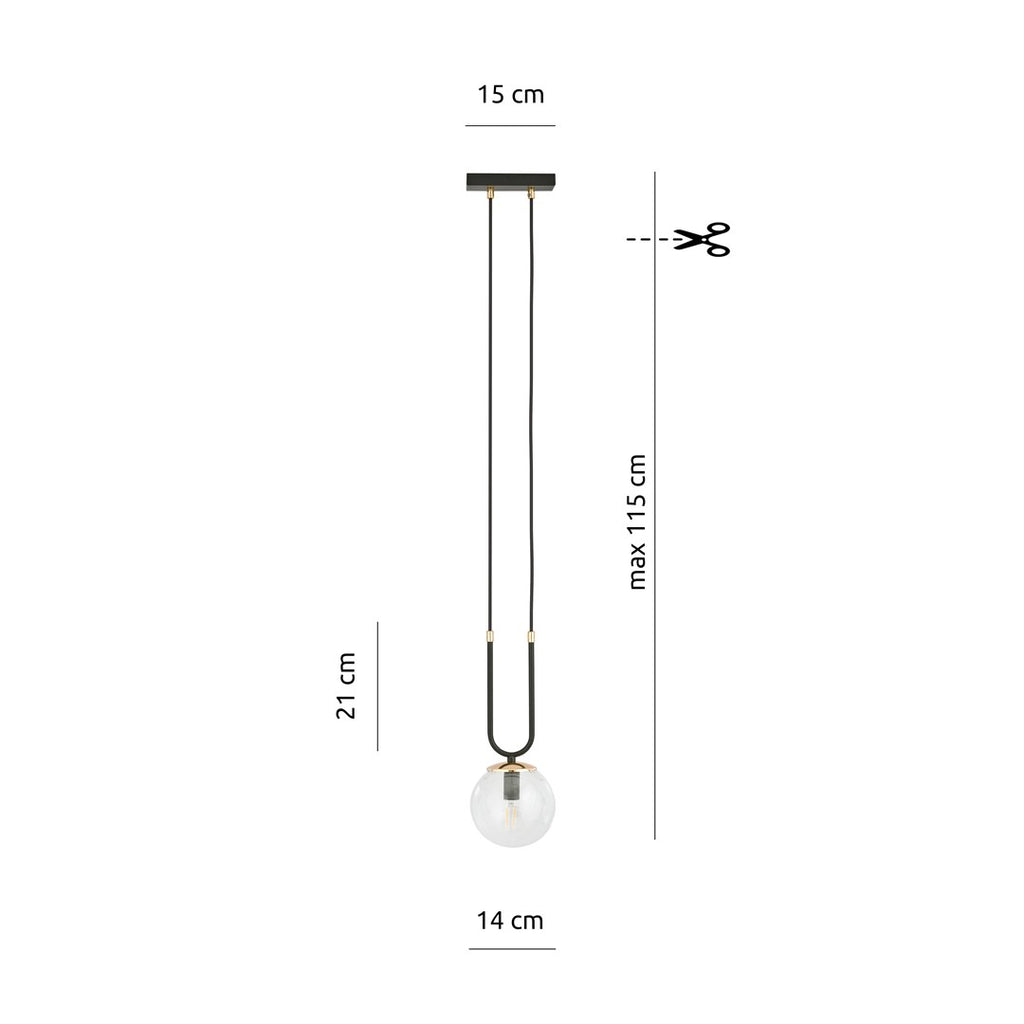 Hanglamp Glam gepoedercoat staal en glas, retro, zwart met transparante glazen kap Ø 14 cm, E14