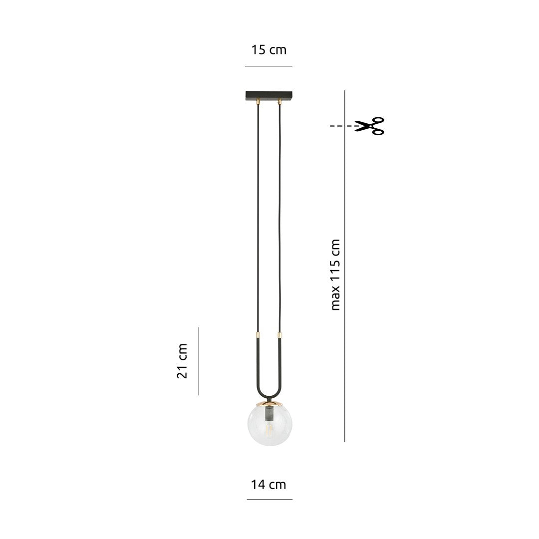 Hanglamp Glam gepoedercoat staal en glas, retro, zwart met transparante glazen kap Ø 14 cm, E14