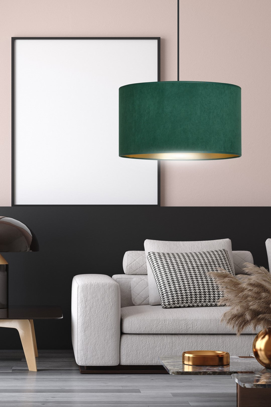 Hanglamp stof en gepoedercoat staal Hilde, groen met gouden binnenkant, Ø 35 cm, 1 lichtpunt, eettafel en woonkamer