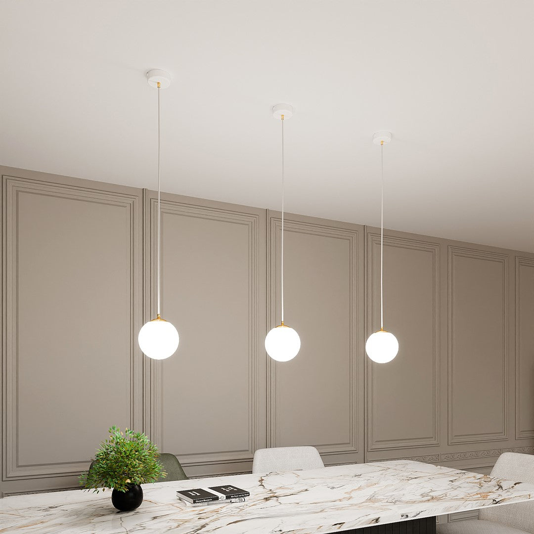 Hanglamp staal en glas retro Royal, wit met gouden accenten, Ø 14 cm kap, voor keuken, woonkamer of eetkamer