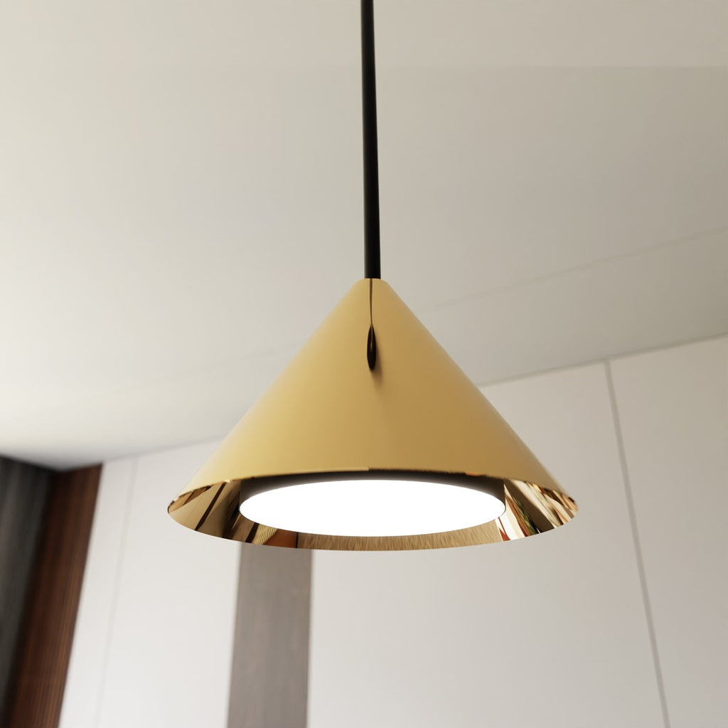 Hanglamp gepoedercoat staal minimalistisch Elit goud met zwart, kegelvormige kap, hoogte 100 cm
