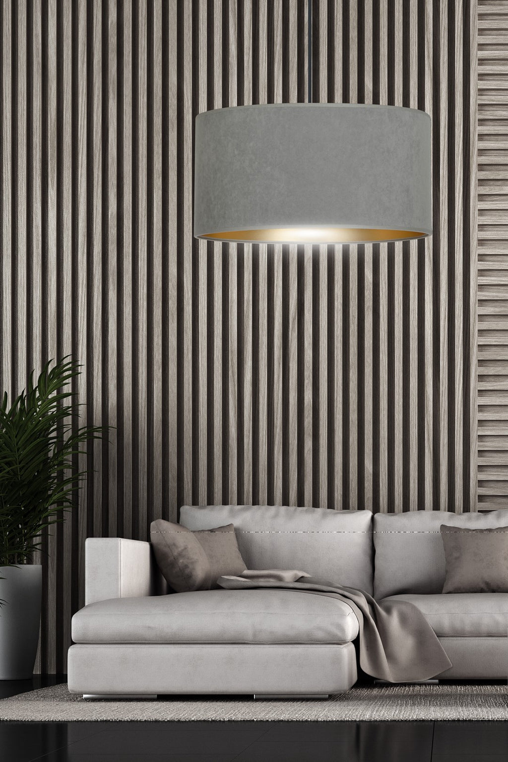 Hanglamp stof en gepoedercoat staal Hilde grijs met gouden binnenzijde Ø 35 cm, woonkamer en eetkamer