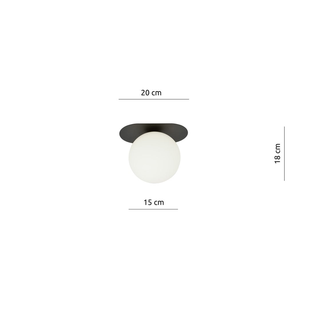 Plafondlamp Plaza gepoedercoat staal en glas, modern, zwart met witte glazen kap Ø 15 cm