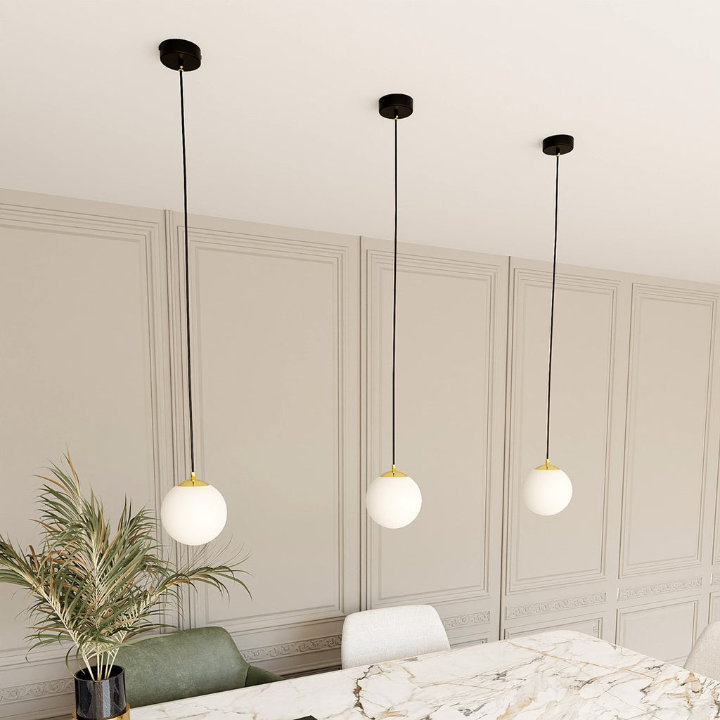 Hanglamp gepoedercoat staal en glas, retro, zwart met goud, witte kap Ø 14 cm, hoogteverstelbaar, E14