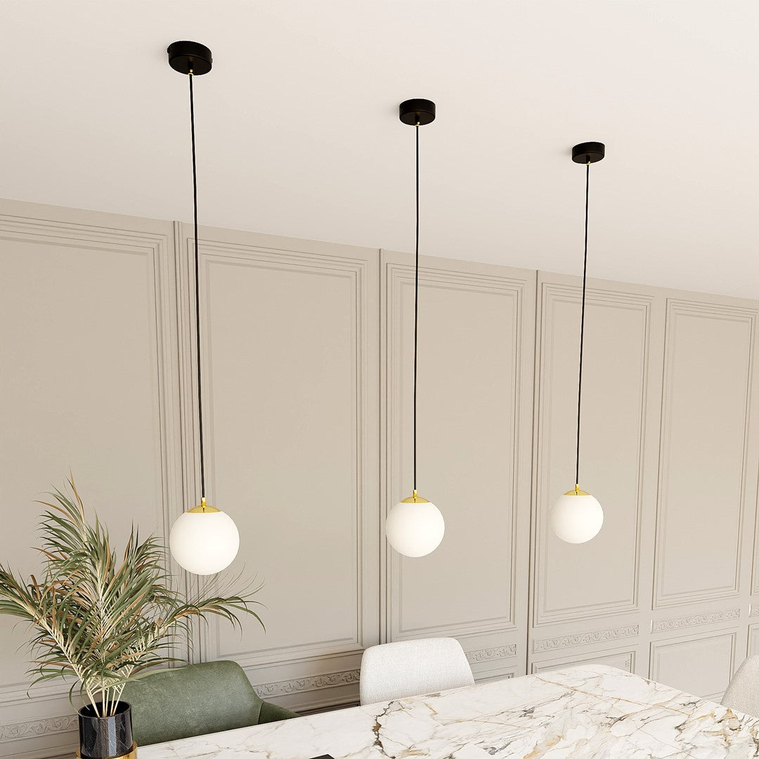 Hanglamp gepoedercoat staal en glas, retro, zwart met goud, witte kap Ø 14 cm, hoogteverstelbaar, E14