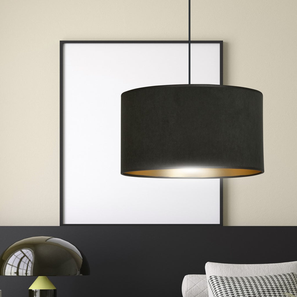 Hanglamp gepoedercoat staal en stof Hilde zwart met gouden binnenkant Ø 35 cm, voor eettafel, woonkamer en hal