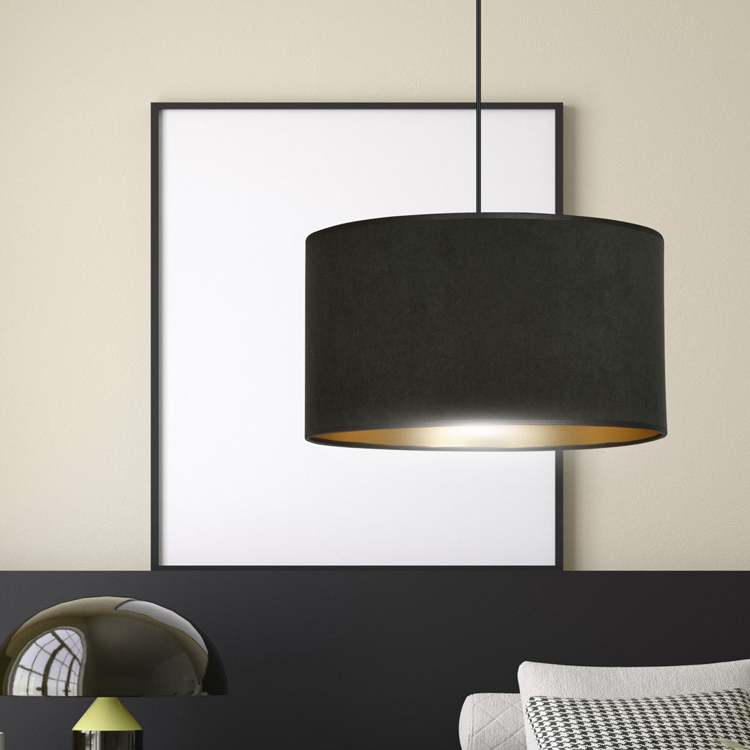 Hanglamp gepoedercoat staal en stof Hilde zwart met gouden binnenkant Ø 35 cm, voor eettafel, woonkamer en hal