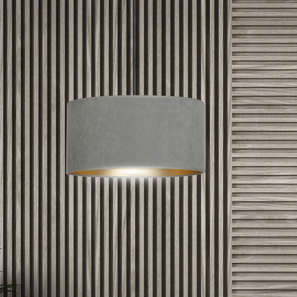 Hanglamp stof en gepoedercoat staal Hilde grijs met gouden binnenzijde Ø 35 cm, woonkamer en eetkamer