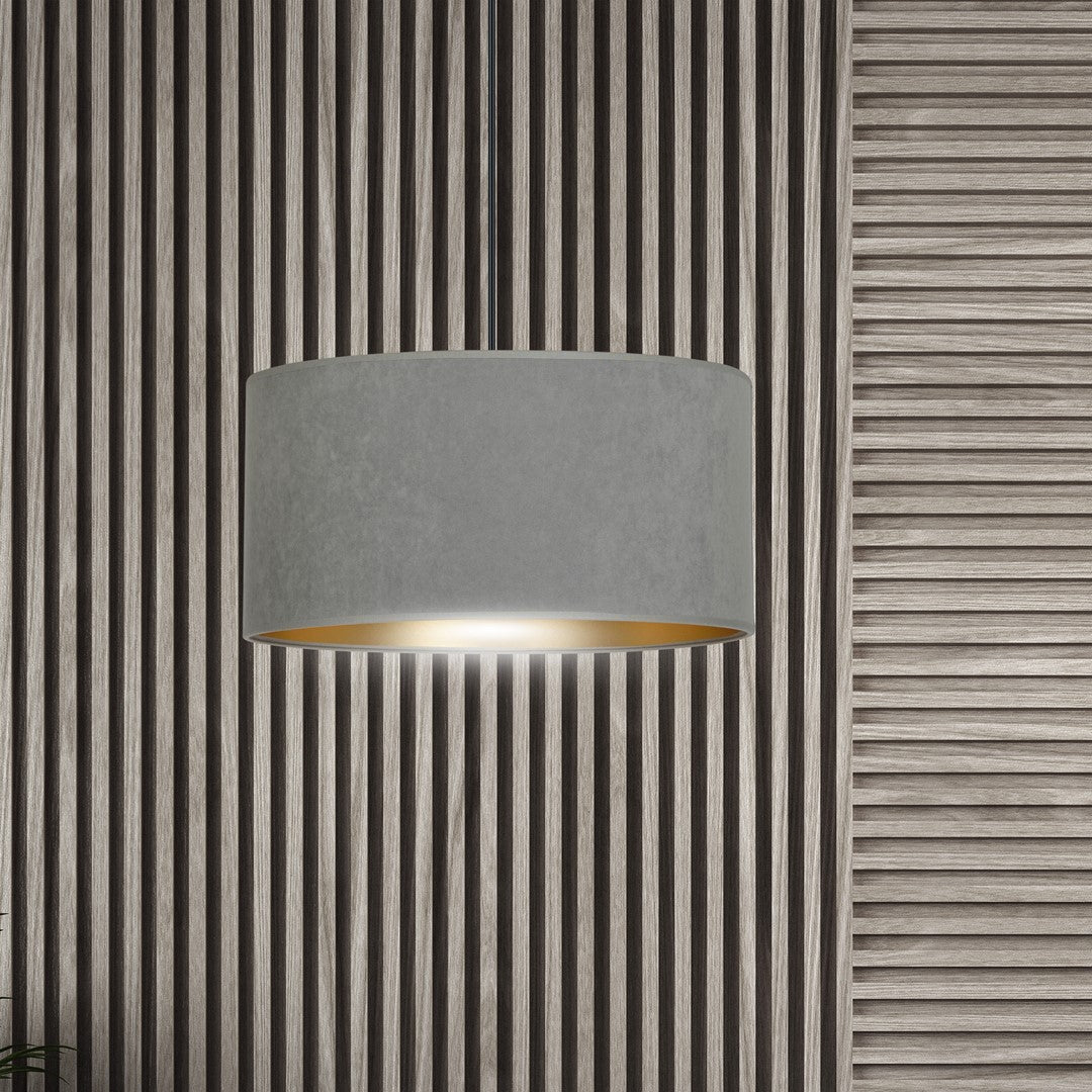 Hanglamp stof en gepoedercoat staal Hilde grijs met gouden binnenzijde Ø 35 cm, woonkamer en eetkamer
