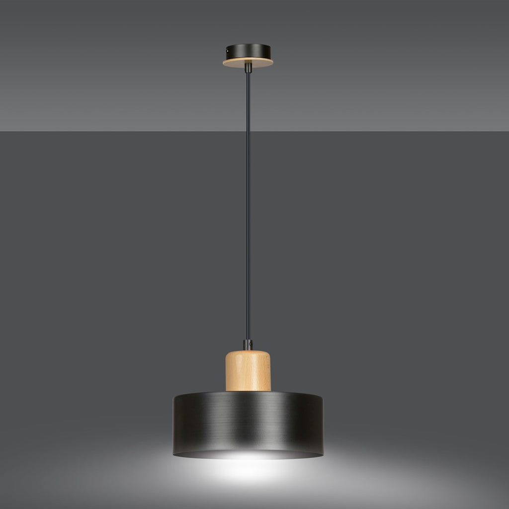 Hanglamp gepoedercoat staal en hout Torin zwart 25 cm, verstelbare hoogte, boven eettafel of kookeiland