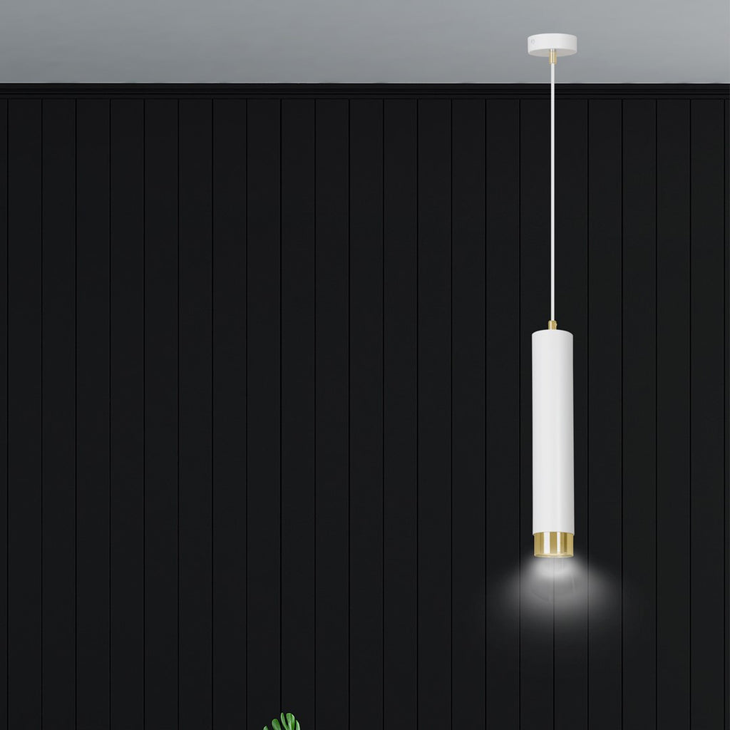 Hanglamp gepoedercoat staal modern Kibo wit met goud, buisvormig, 8 x 100 cm, voor woonkamer of keuken